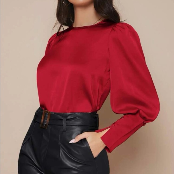 Tops - Luxe button cuff lantern sleeve satin blouse